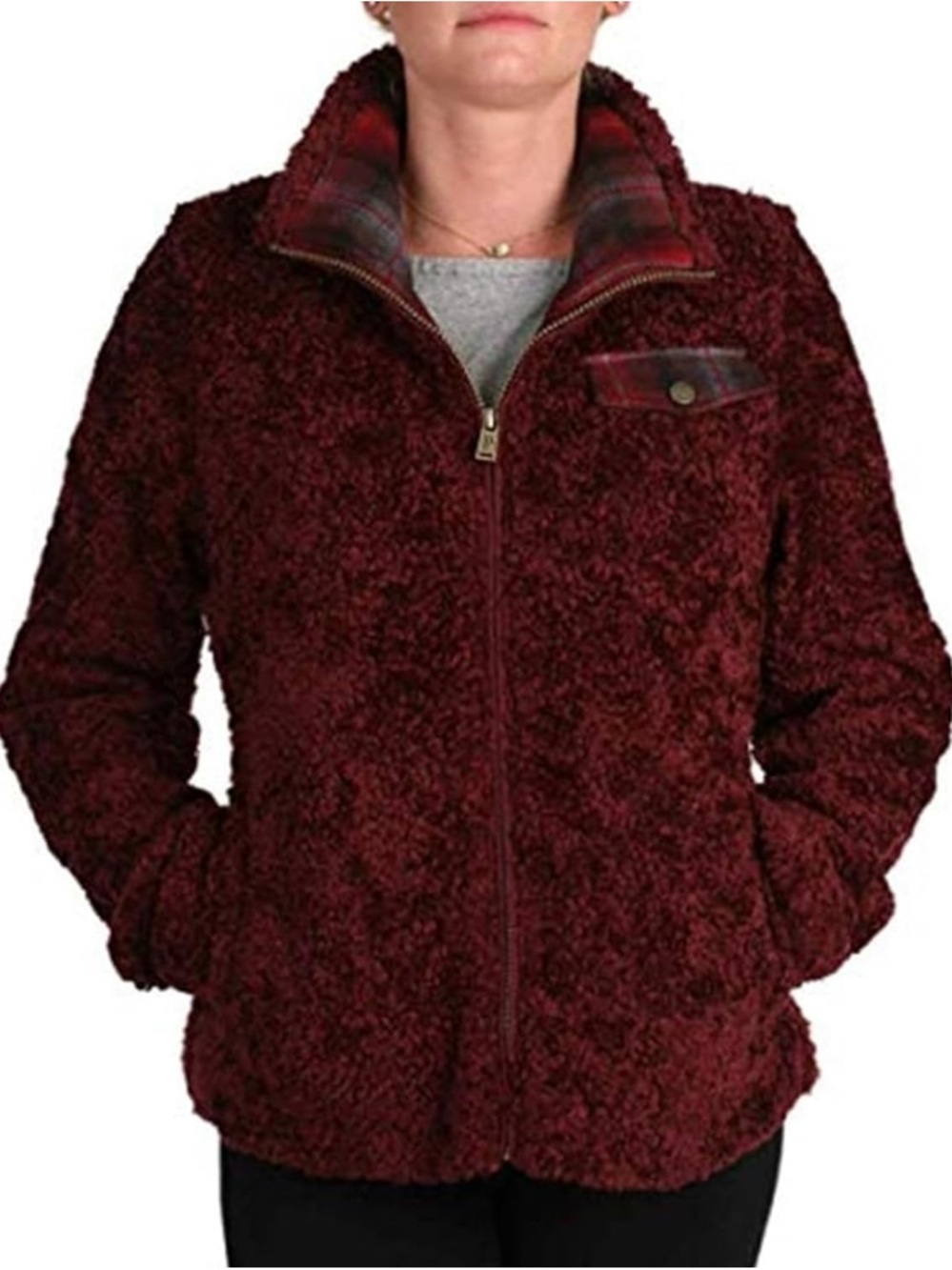 Pendleton Burgundy Teddy Jacket with Plaid Trim